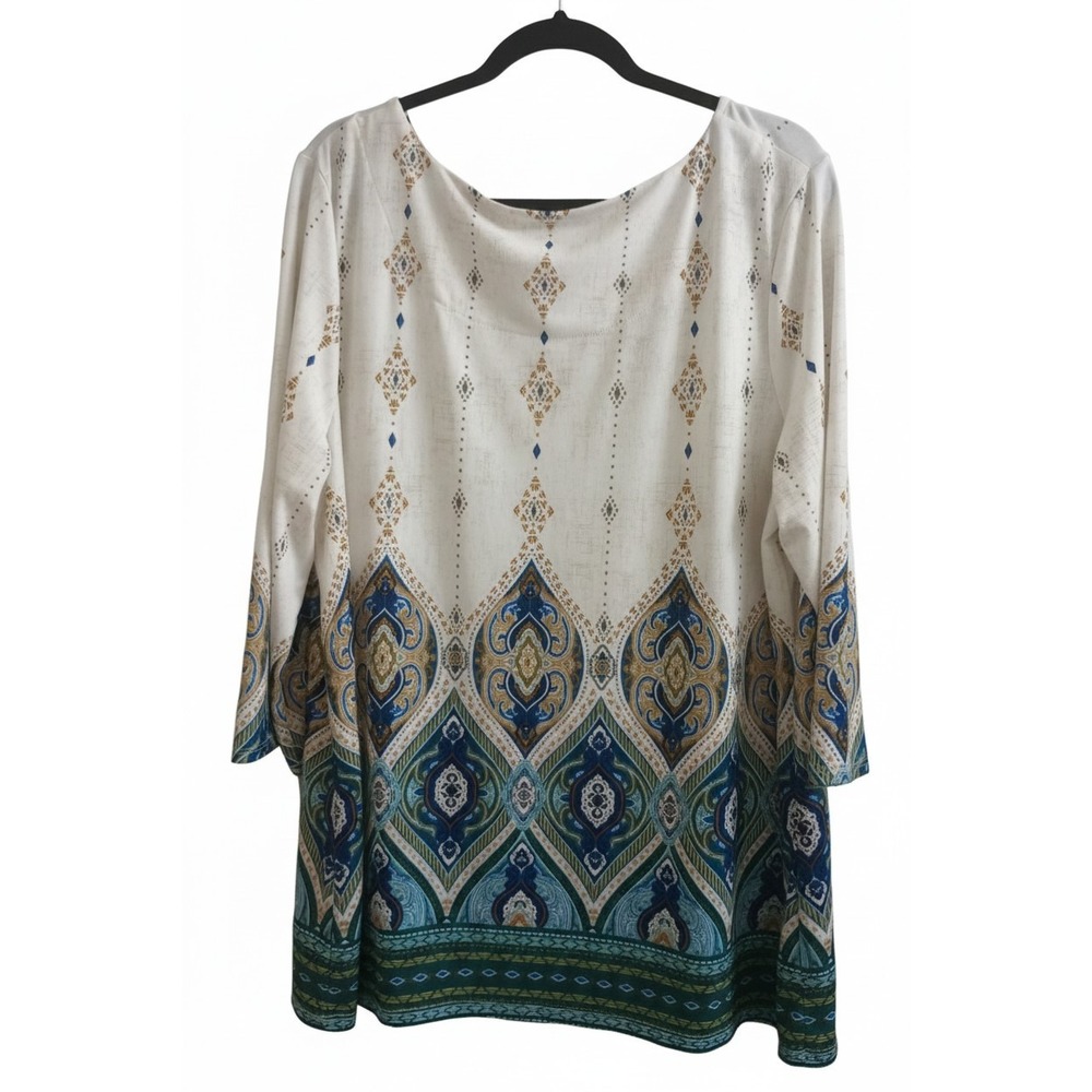 Chico's Cream Tunic with Blue and Green Border Print - Picture 2 of 4